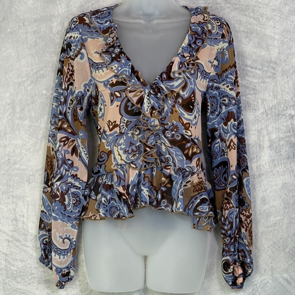 Rachel Zoe Paisley Ruffle Peplum Blouse Womens Sz S Fairy Grunge Twee Office